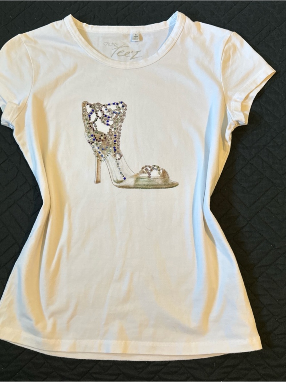 Cache White Long-Sleeve Tee with Embellished High Heel Graphic